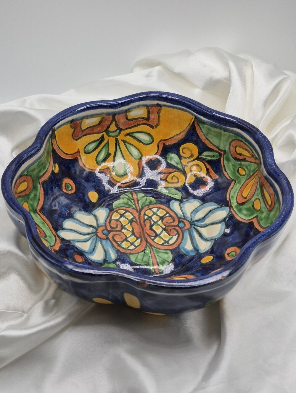 Hand-Painted Blue Multicolor Ceramic Decorative Bowl by Munguia Talavera Mexico